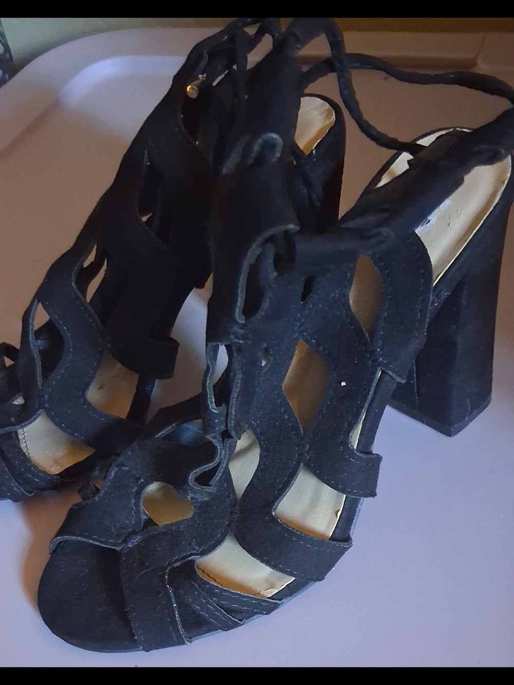 Wild Diva Black Lace-Up Cutout Block Heel Sandals